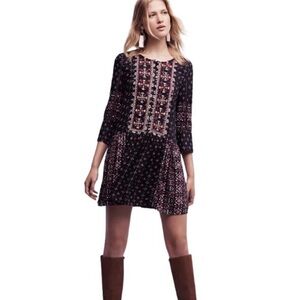 Anthropologie | Vanessa Virginia Drop Waist Dress Embroidered Boho Navy Small